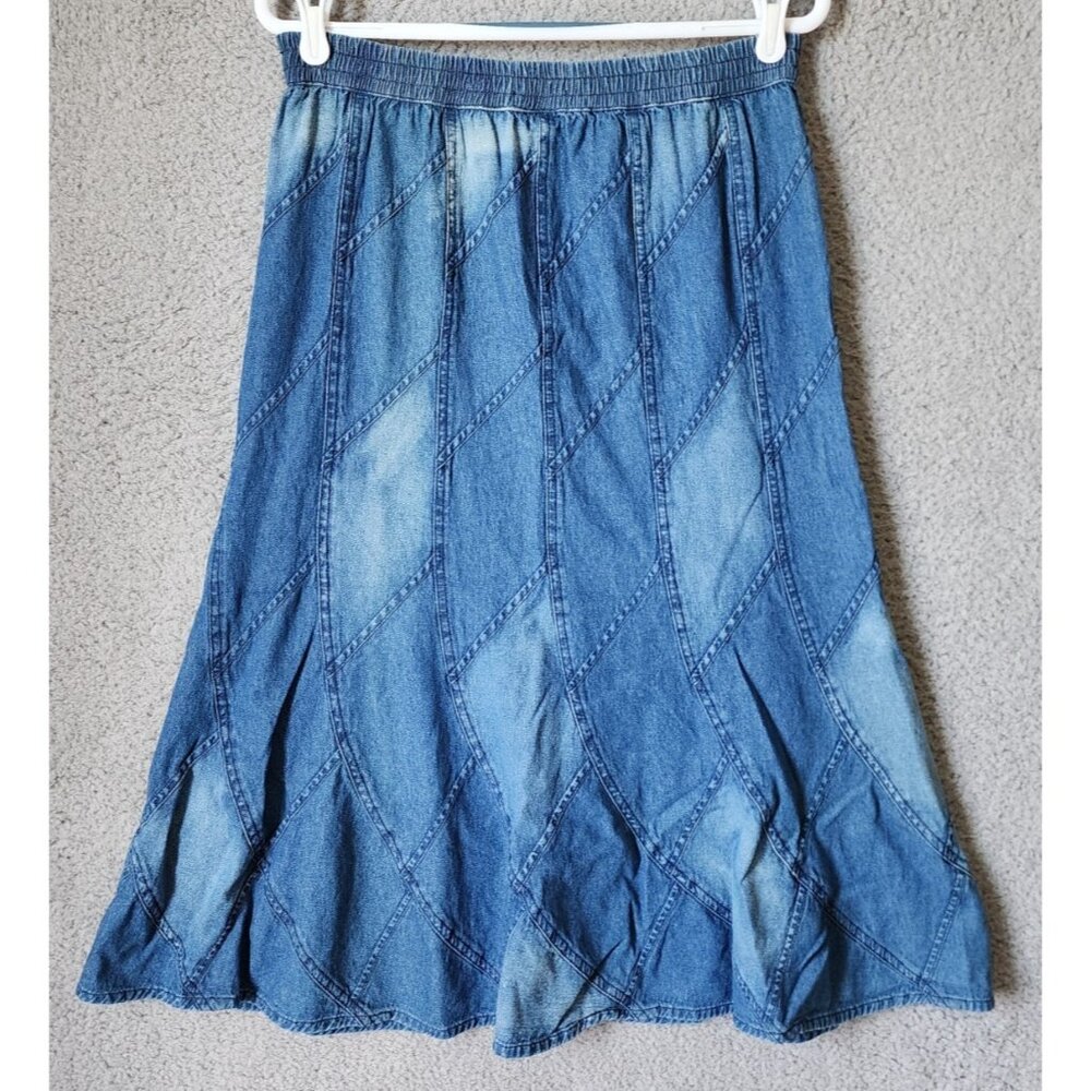 Studio West Patchwork Denim Midi Flare Skirt Elas… - image 6